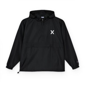 Black Anorak Jacket with White 'X' Chest Logo — Packable Windbreaker